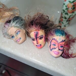 Set of 3 Painted Doll Heads with Colorful Makeup For Project